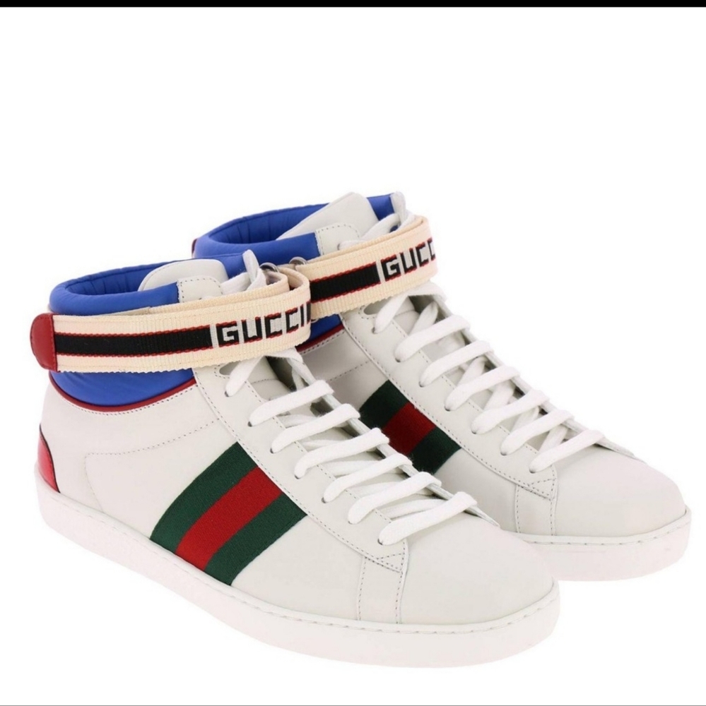 100% Authentic Gucci Ace Stripe High Top Sneaker Unisex - Picture 1 of 11